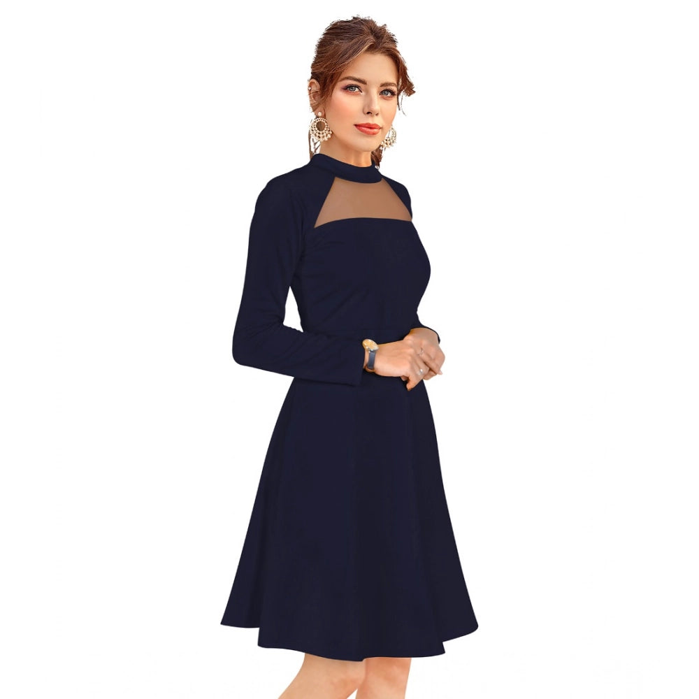 Women's Knitting strachable Solid Round Neck Full Sleeve Dresses (Blue)