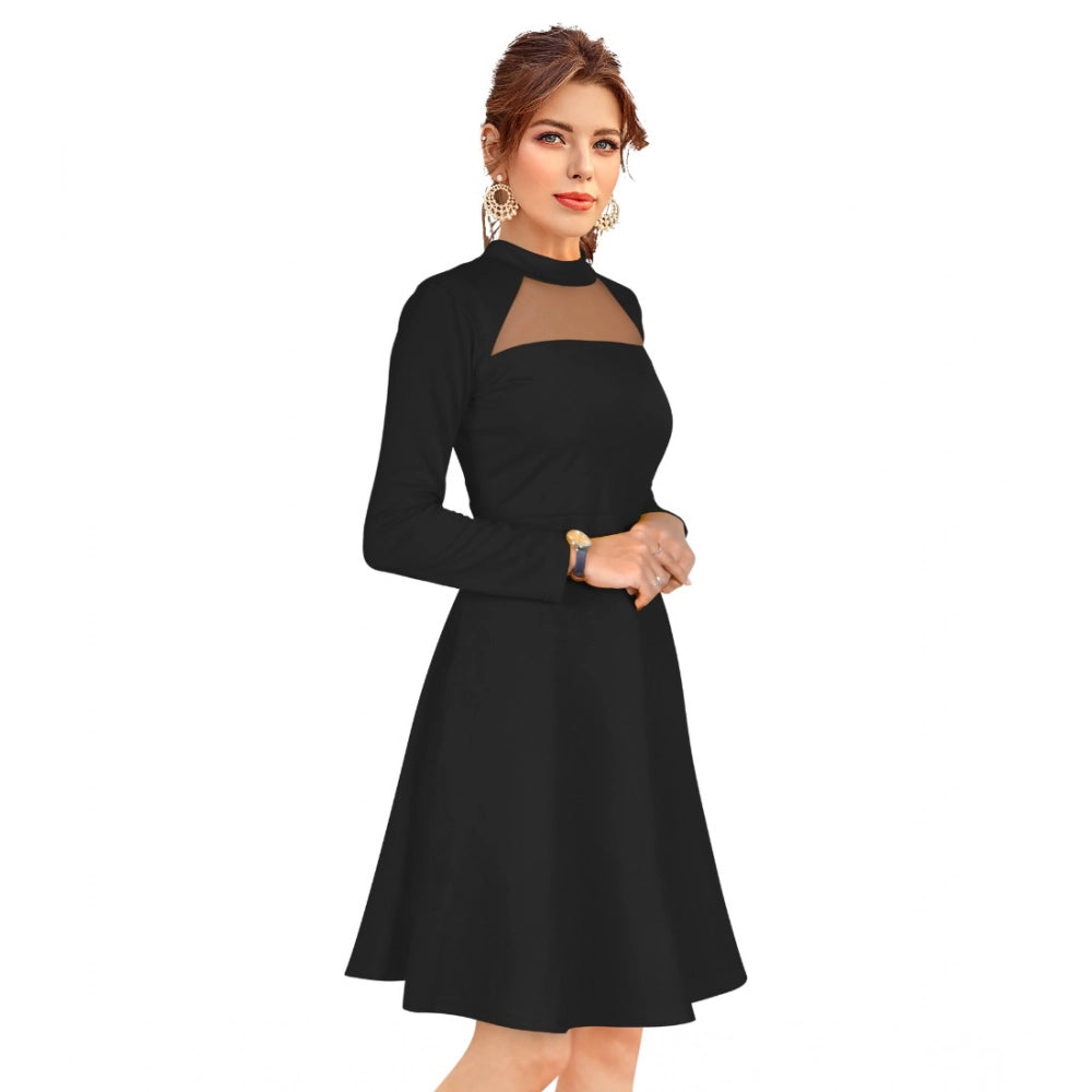 Women's Knitting strachable Solid Round Neck Full Sleeve Dresses (Black)