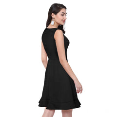 Women's Polyster Solid Round Neck Sleeveless Dresses (Black)