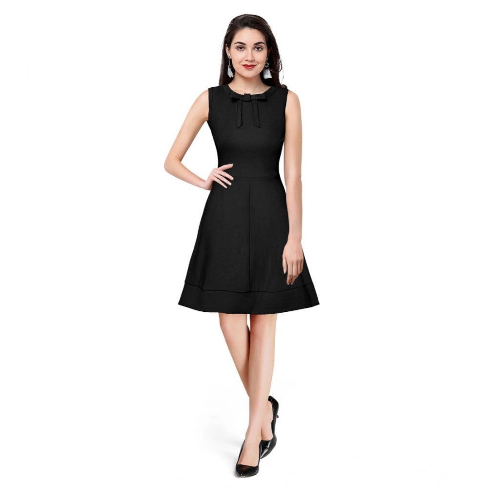 Women's Polyster Solid Round Neck Sleeveless Dresses (Black)