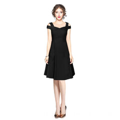 Women's Polyster Solid V Neck Cap Sleeve off Sholder Dresses (Black)