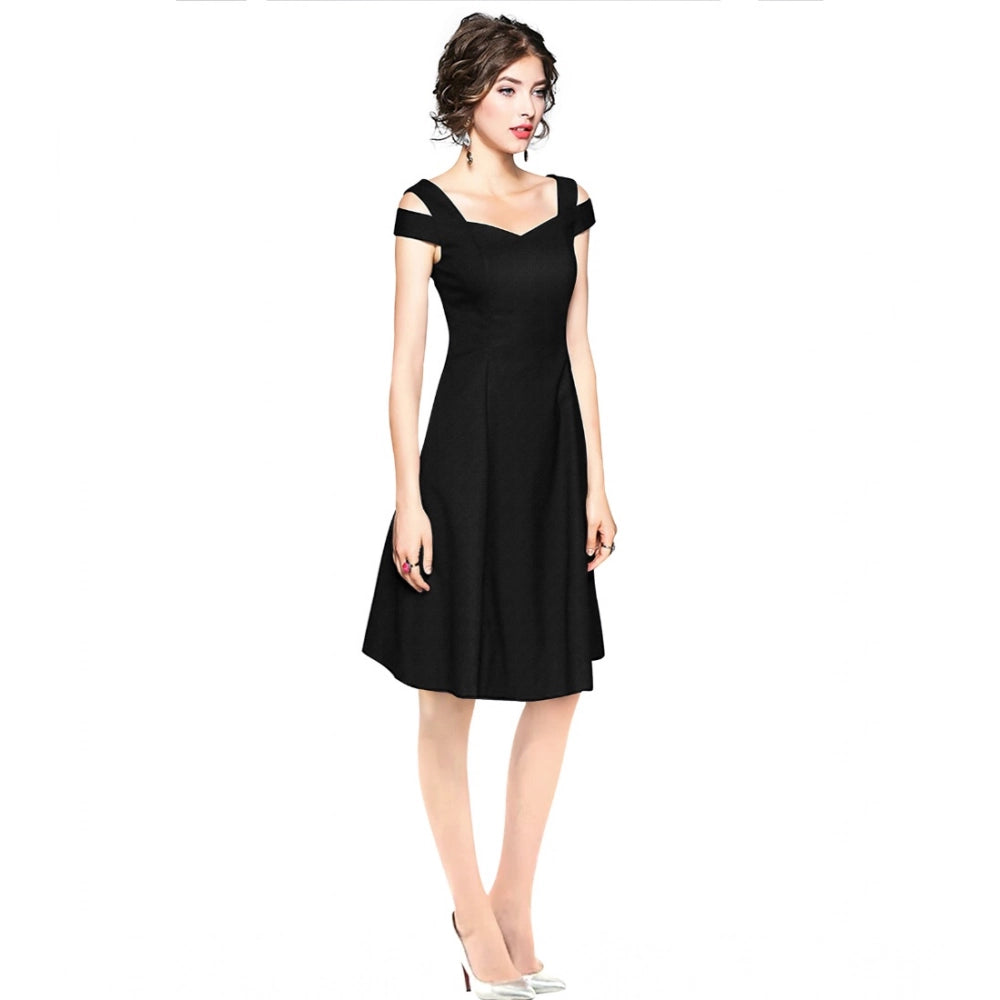 Women's Polyster Solid V Neck Cap Sleeve off Sholder Dresses (Black)