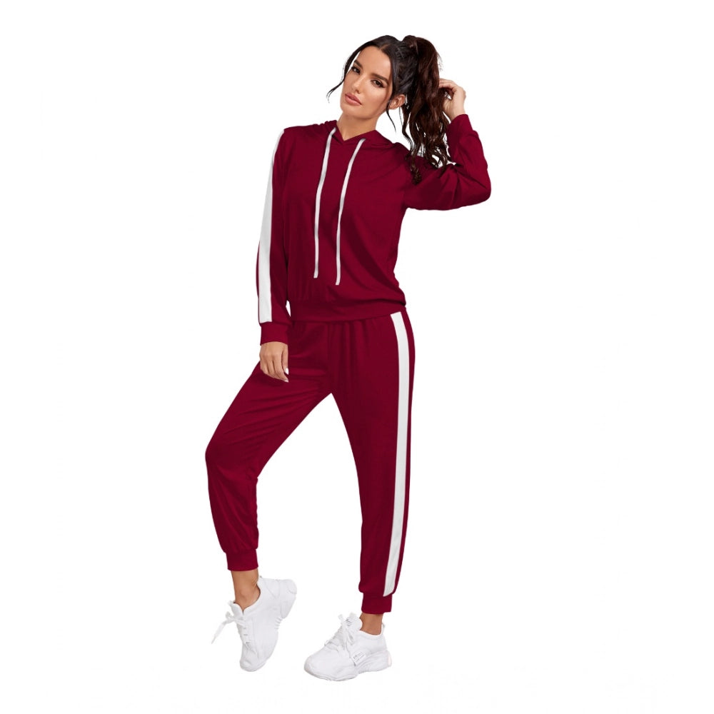 Women's Knitting strachable Solid Hooded Neck Full Sleeve Track Suit (Maroon)