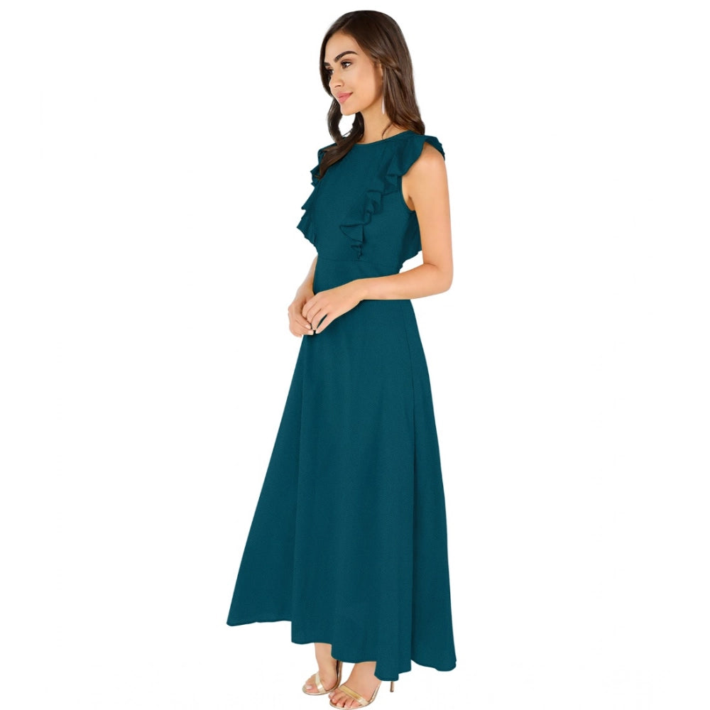 Women's Knitting strachable Solid Round Neck Ruffled Sleeve Dresses (Morpich)