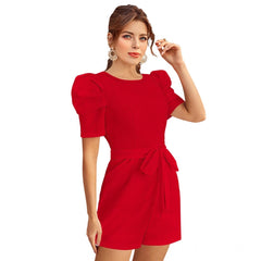 Women's Knitting strachable Solid Round Neck 3-4 Puff Sleeve Dresses (Red )