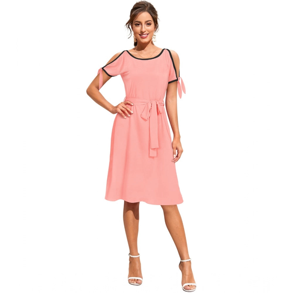 Women's Knitting strachable Solid Round Neck Sleeveless Dresses (Peach)