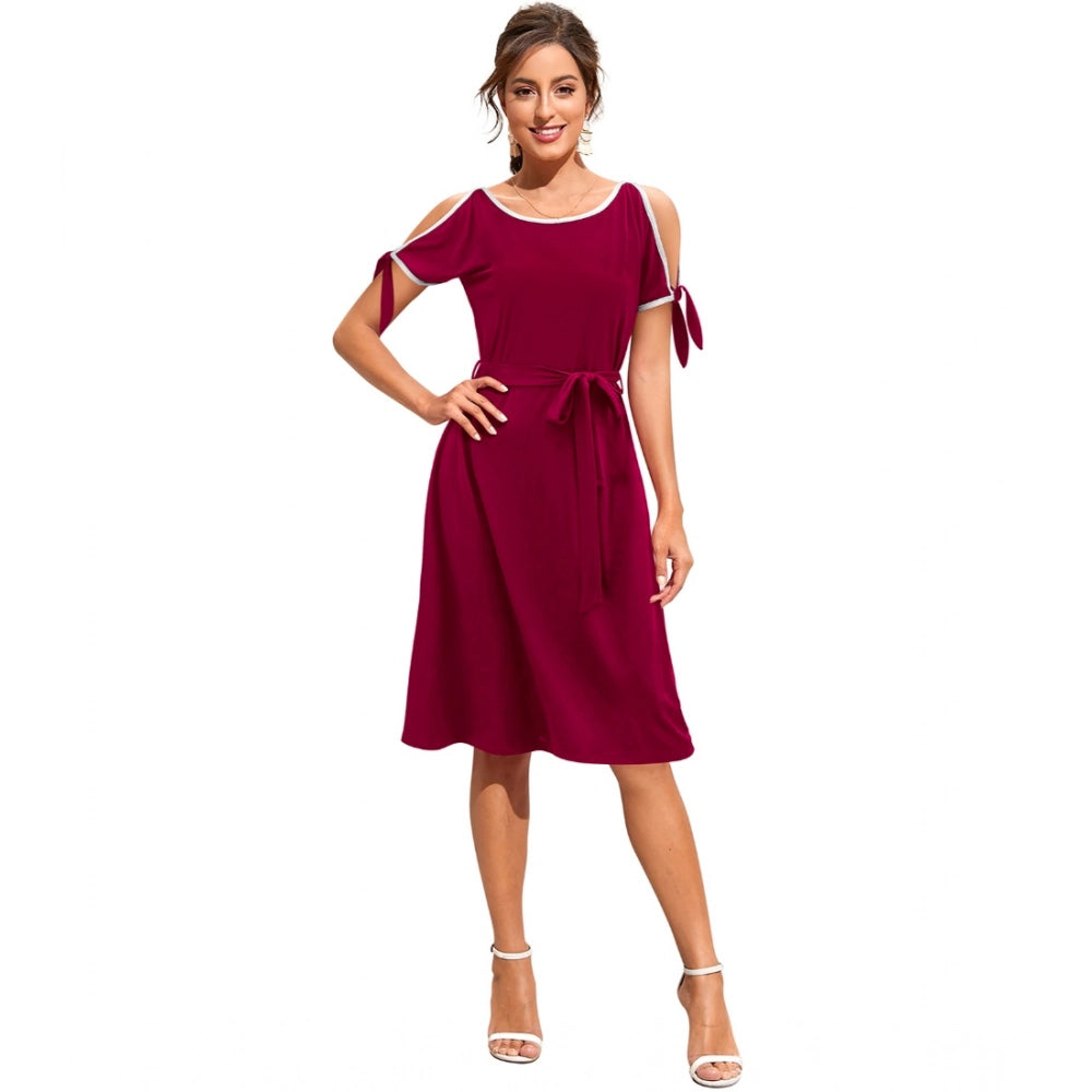 Women's Knitting strachable Solid Round Neck Sleeveless Dresses (Maroon)