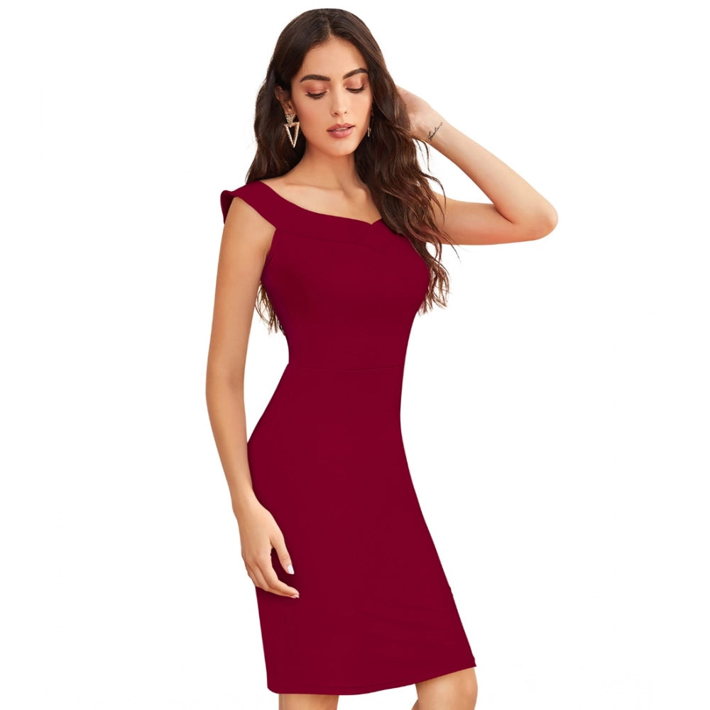 Women's Knitting strachable Solid Round Neck Sleeveless Dresses (Maroon)