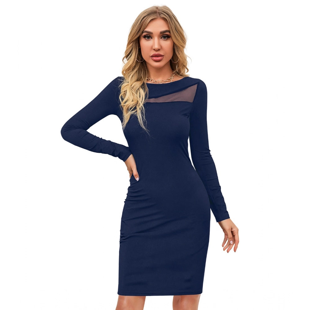 Women's Knitting strachable Solid Round Neck Full Sleeve Dresses (Blue )