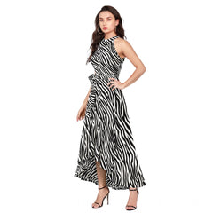 Women's Polyster Zebra Pattern Helter Neck Sleeveless Dresses (White)