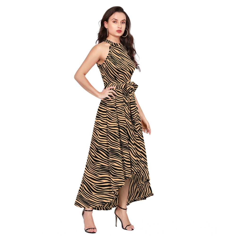 Women's Polyster Zebra Pattern Helter Neck Sleeveless Dresses (Yellow)