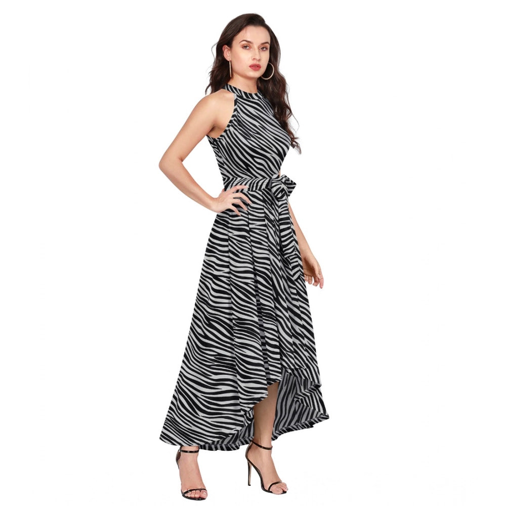 Women's Polyster Zebra Pattern Helter Neck Sleeveless Dresses (Nevy Blue)