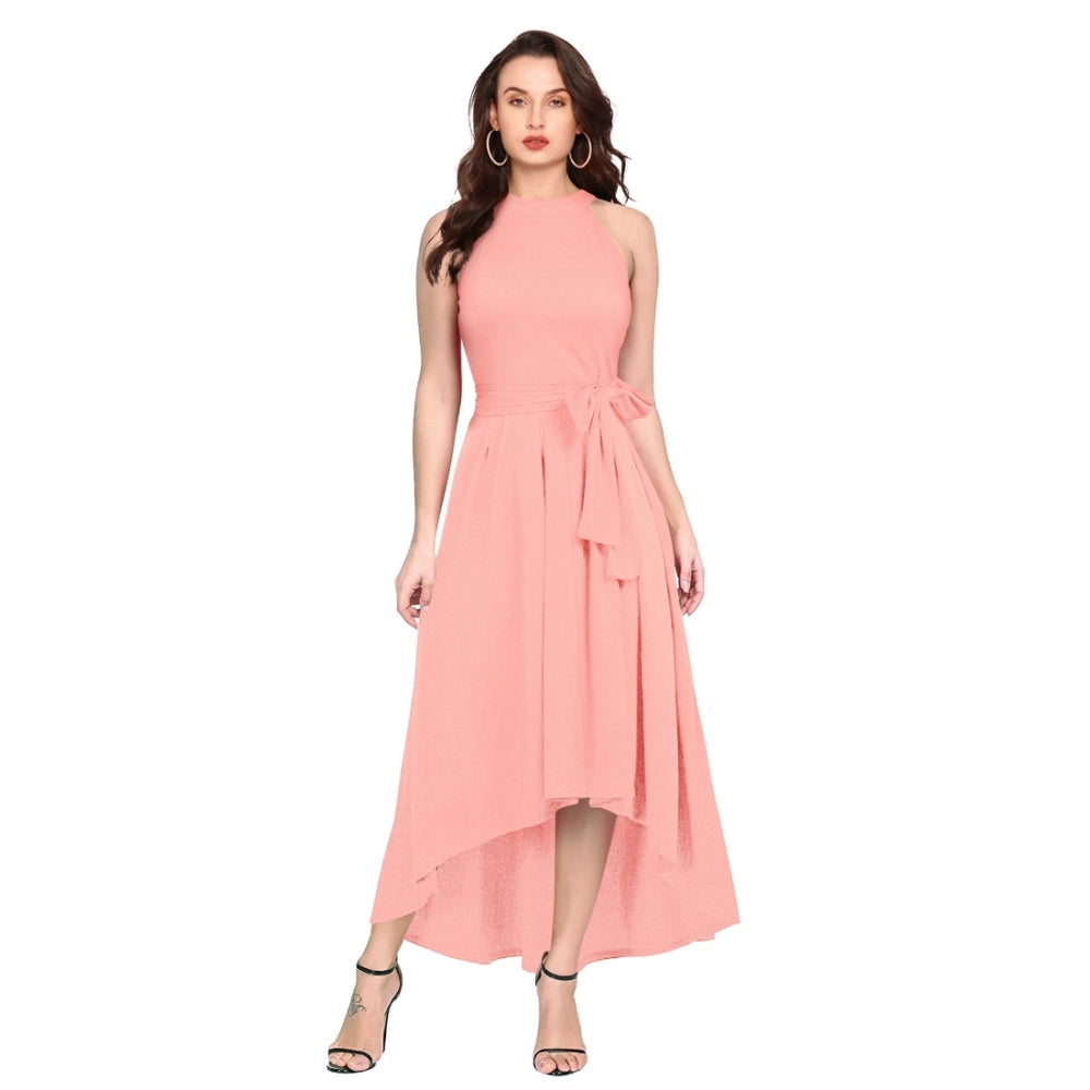 Women's Polyster Solid Helter Neck Sleeveless Dresses (Peach)