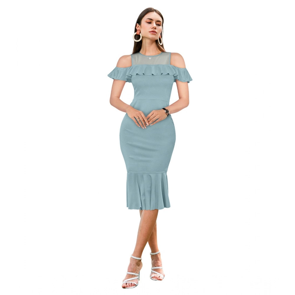 Women's Knitting strachable Solid Round Neck Sleeveless Dresses (Pista )