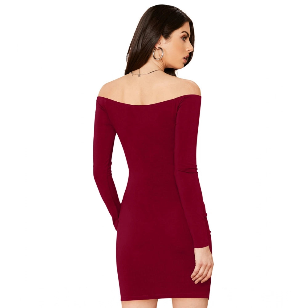 Women's Knitting strachable Solid V Neck Full Sleeve Dresses (Maroon)