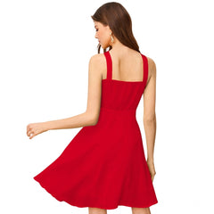 Women's Knitting strachable Solid Halter Neck Sleeveless Dresses (Red )