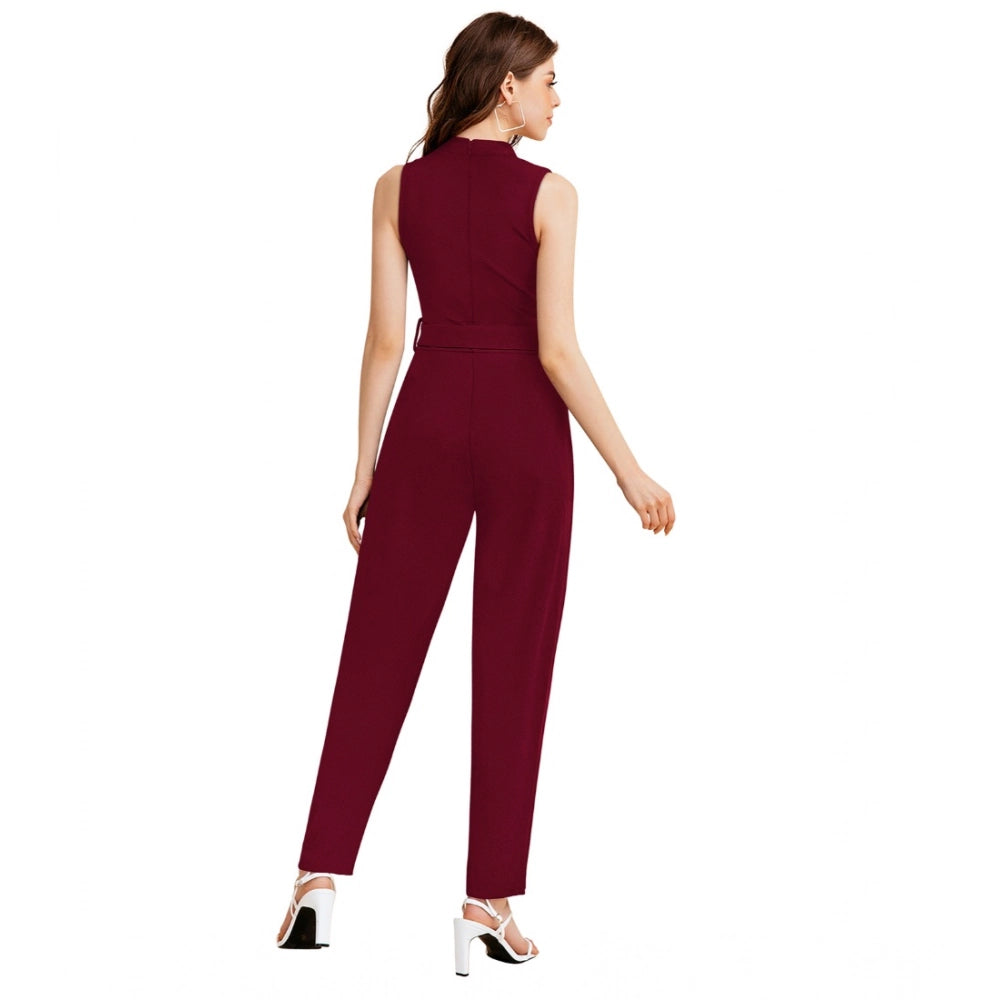 Women's Knitting strachable Solid Round Neck Sleeveless Jumpsuit (Maroon)