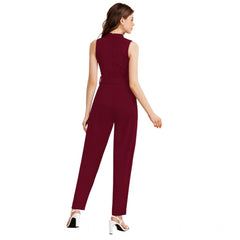 Women's Knitting strachable Solid Round Neck Sleeveless Jumpsuit (Maroon)