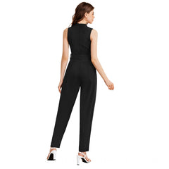 Women's Knitting strachable Solid Round Neck Sleeveless Jumpsuit (Black)