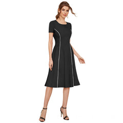 Women's Knitting strachable Solid Round Neck Cap Sleeve Dresses (Black)