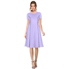 Women's Knitting strachable Solid Round Neck Cap Sleeve Dresses (Purple)