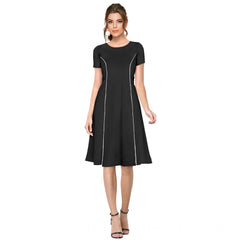 Women's Knitting strachable Solid Round Neck Cap Sleeve Dresses (Black)