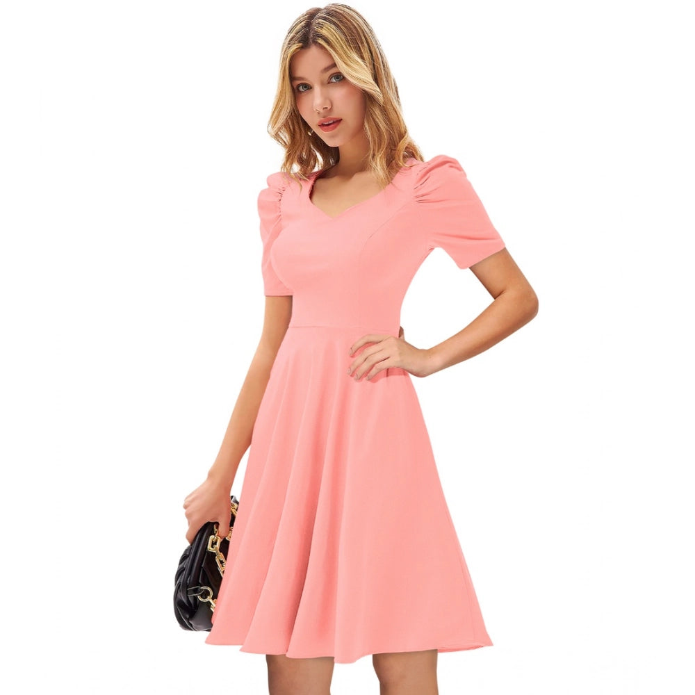 Women's Knitting strachable Solid V Neck Cap Sleeve Dresses (Peach)