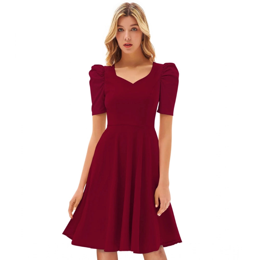 Women's Knitting strachable Solid V Neck Cap Sleeve Dresses (Maroon)