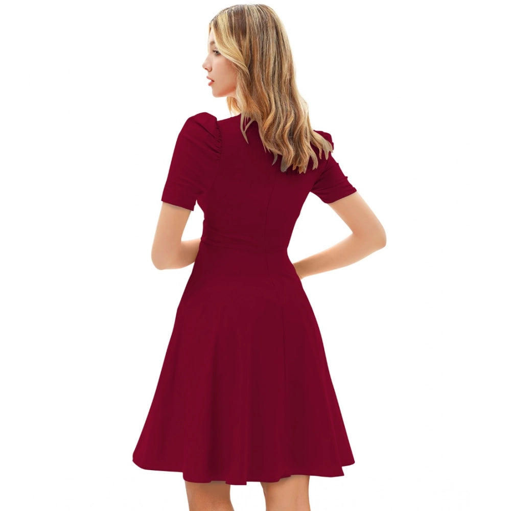 Women's Knitting strachable Solid V Neck Cap Sleeve Dresses (Maroon)