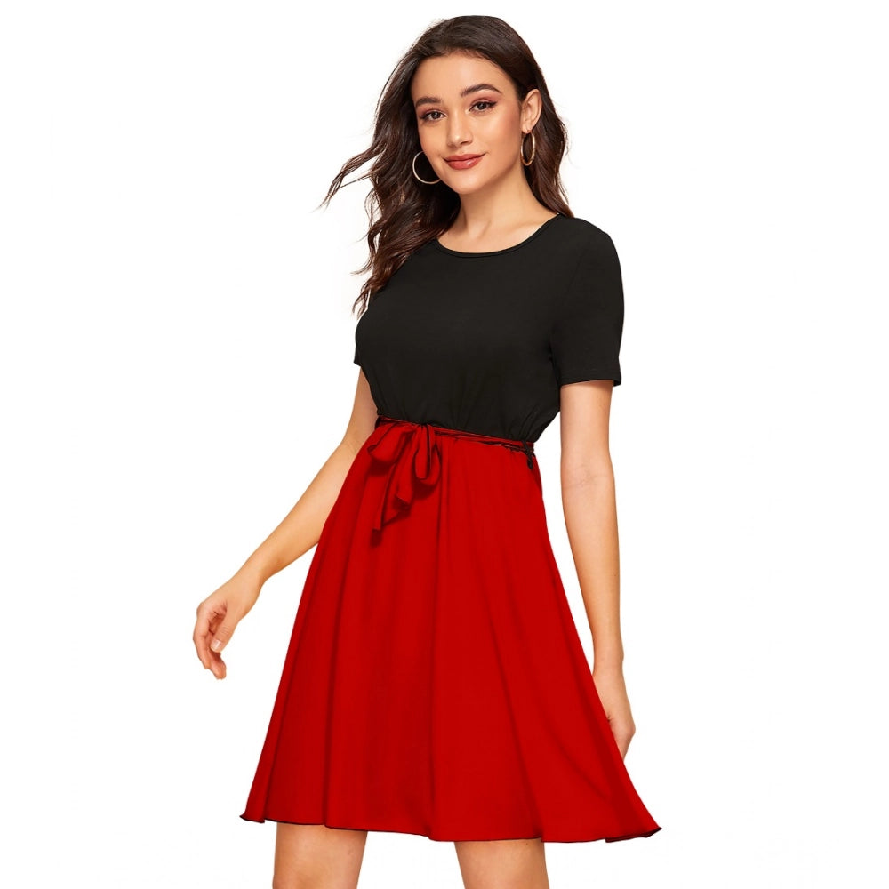 Women's Knitting strachable Solid Round Neck Cap Sleeve Dresses (Red)