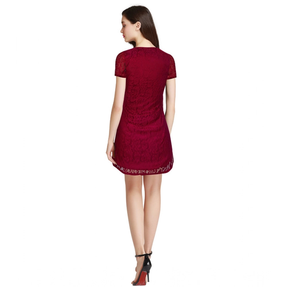 Women's Rasal Solid Round Neck Cap Sleeve Dresses (Maroon)