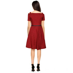 Women's Polyster Solid V Neck Cap Sleeve Dresses (Maroon)