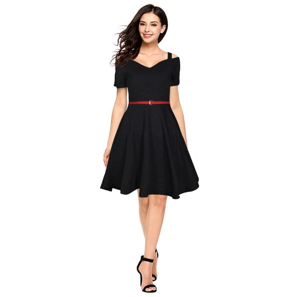 Women's Polyster Solid V Neck Cap Sleeve Dresses (Black)