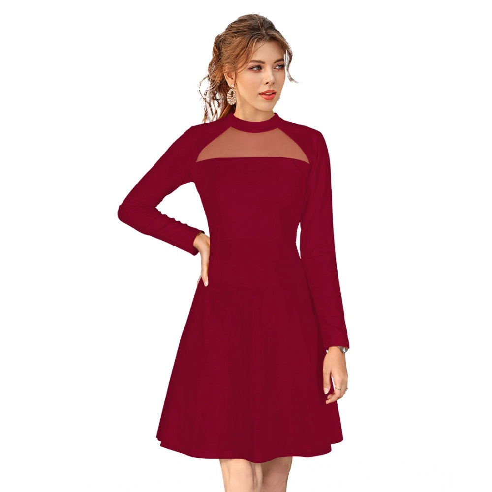 Women's Knitting strachable Solid Round Neck Full Sleeve Dresses (Maroon)