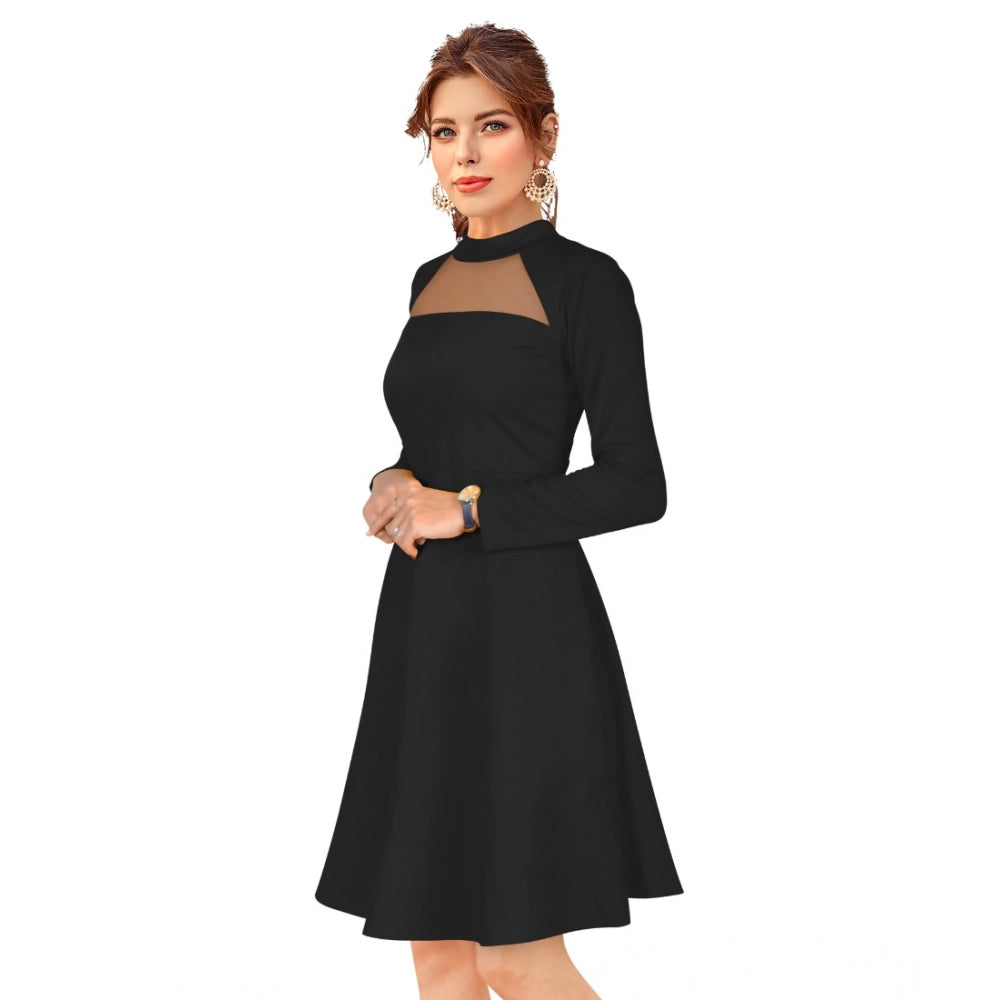 Women's Knitting strachable Solid Round Neck Full Sleeve Dresses (Black)