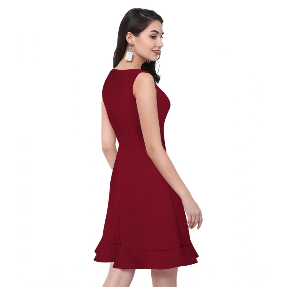 Women's Polyster Solid Round Neck Sleeveless Dresses (Maroon)