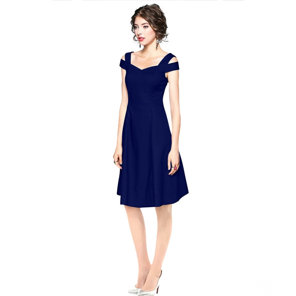 Women's Polyster Solid V Neck Cap Sleeve off Sholder Dresses (Blue)