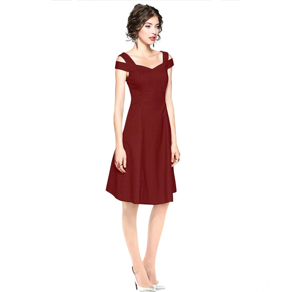 Women's Polyster Solid V Neck Cap Sleeve off Sholder Dresses (Maroon)