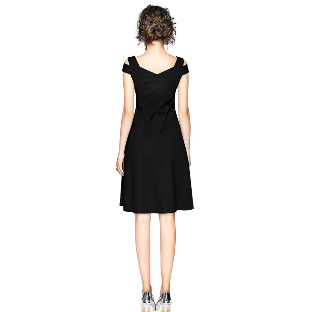 Women's Polyster Solid V Neck Cap Sleeve off Sholder Dresses (Black)