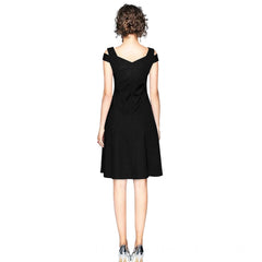 Women's Polyster Solid V Neck Cap Sleeve off Sholder Dresses (Black)