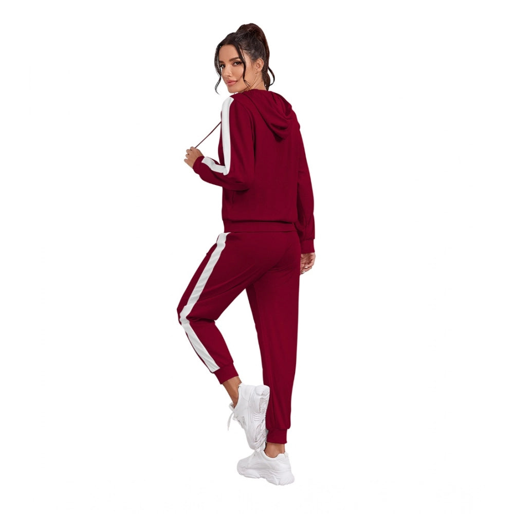 Women's Knitting strachable Solid Hooded Neck Full Sleeve Track Suit (Maroon)