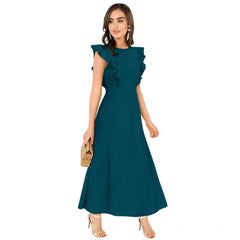 Women's Knitting strachable Solid Round Neck Ruffled Sleeve Dresses (Morpich)