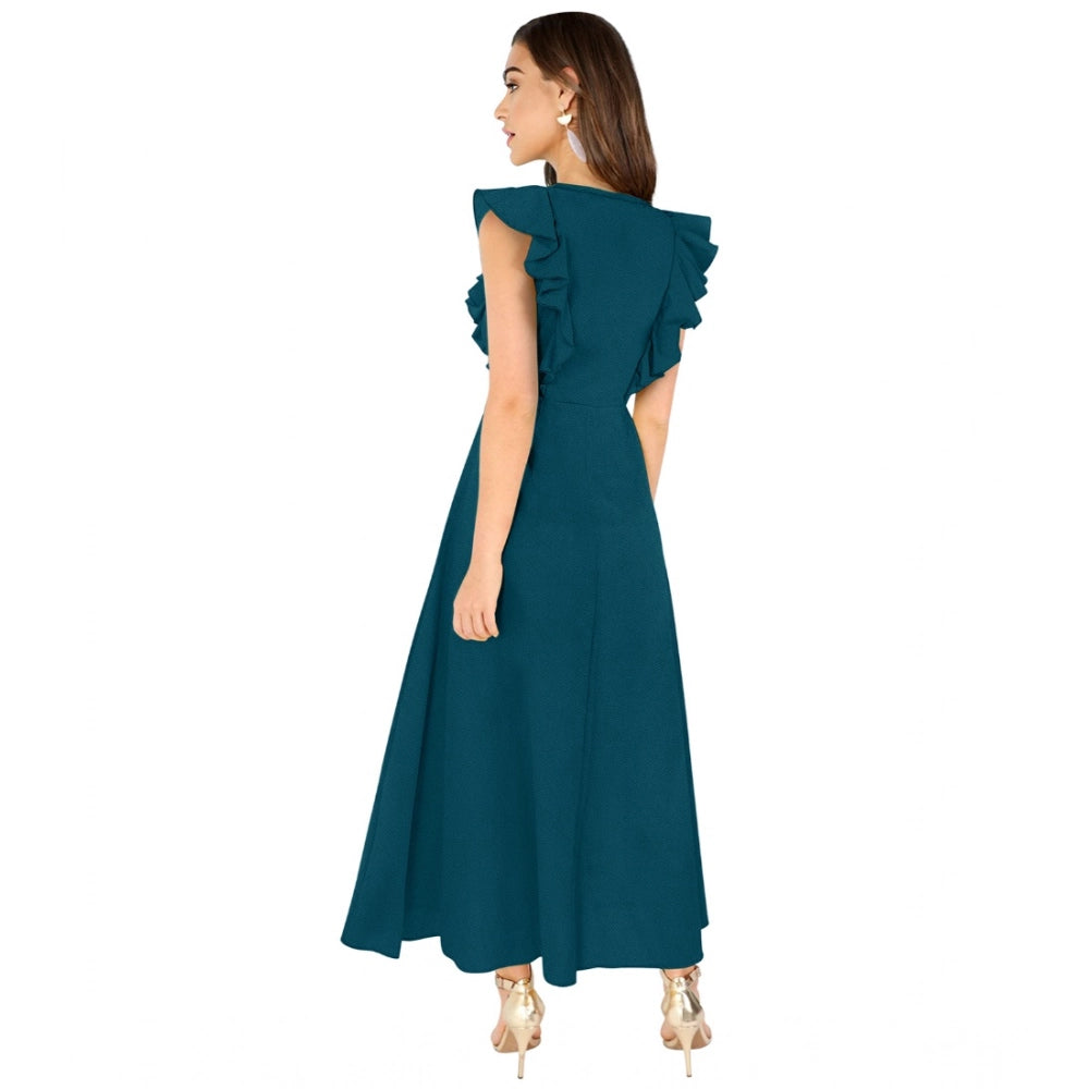 Women's Knitting strachable Solid Round Neck Ruffled Sleeve Dresses (Morpich)