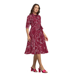 Women's Ruby Cotton Printed Shirt Collar 3-4th Sleeve Dresses (Maroon)