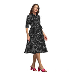 Women's Ruby Cotton Printed Shirt Collar 3-4th Sleeve Dresses (Black)