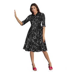 Women's Ruby Cotton Printed Shirt Collar 3-4th Sleeve Dresses (Black)