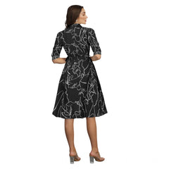 Women's Ruby Cotton Printed Shirt Collar 3-4th Sleeve Dresses (Black)