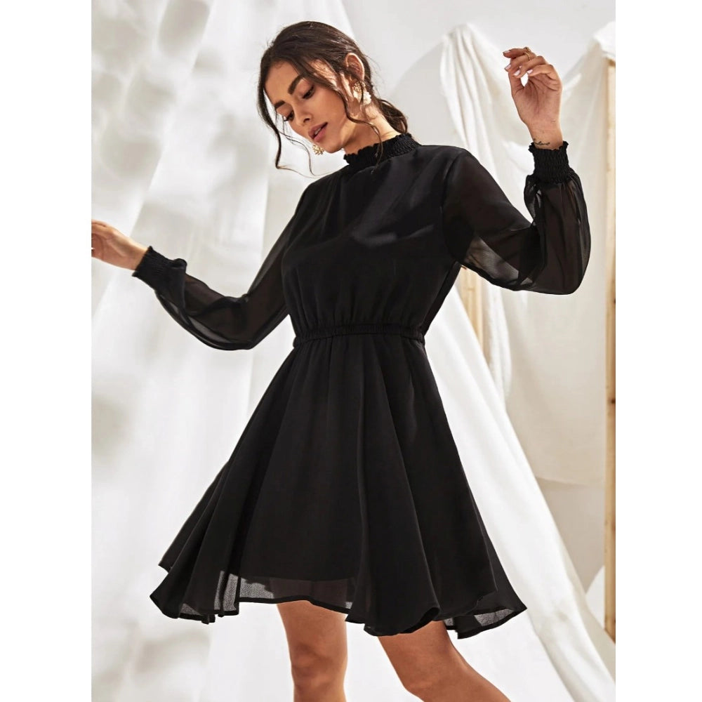 Women's Fox Georgette Solid High Neck Full Sleeve Dresses (Black)