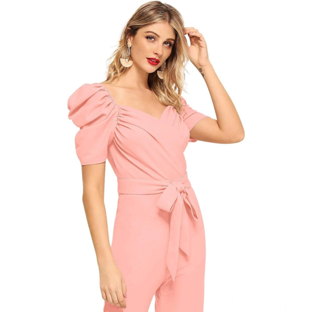 Women's Polyester Solid Sweet Heart Short Sleeve Jumpsuit (Peach)