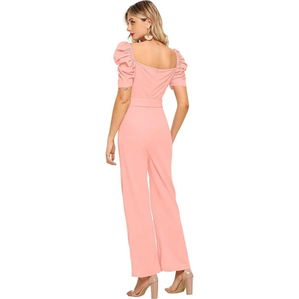 Women's Polyester Solid Sweet Heart Short Sleeve Jumpsuit (Peach)